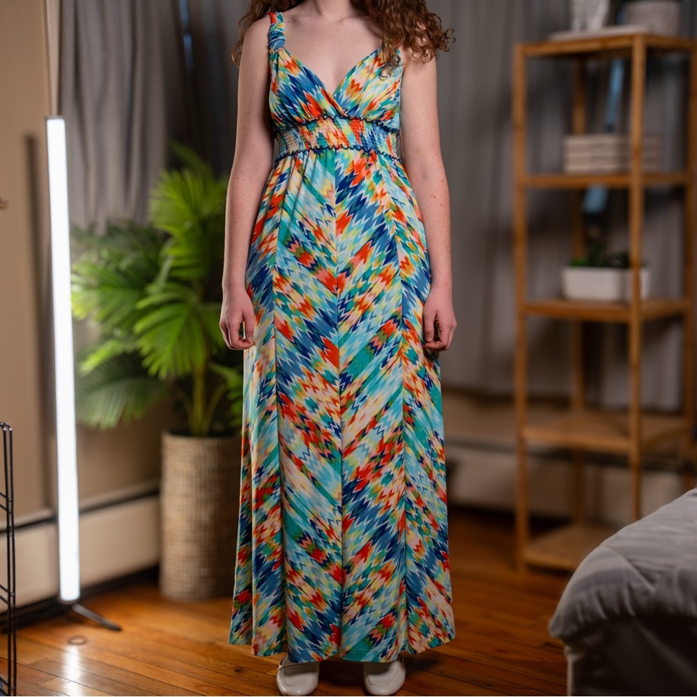 ECI Blue and Orange Sleeveless V-Neck Maxi Sundress
